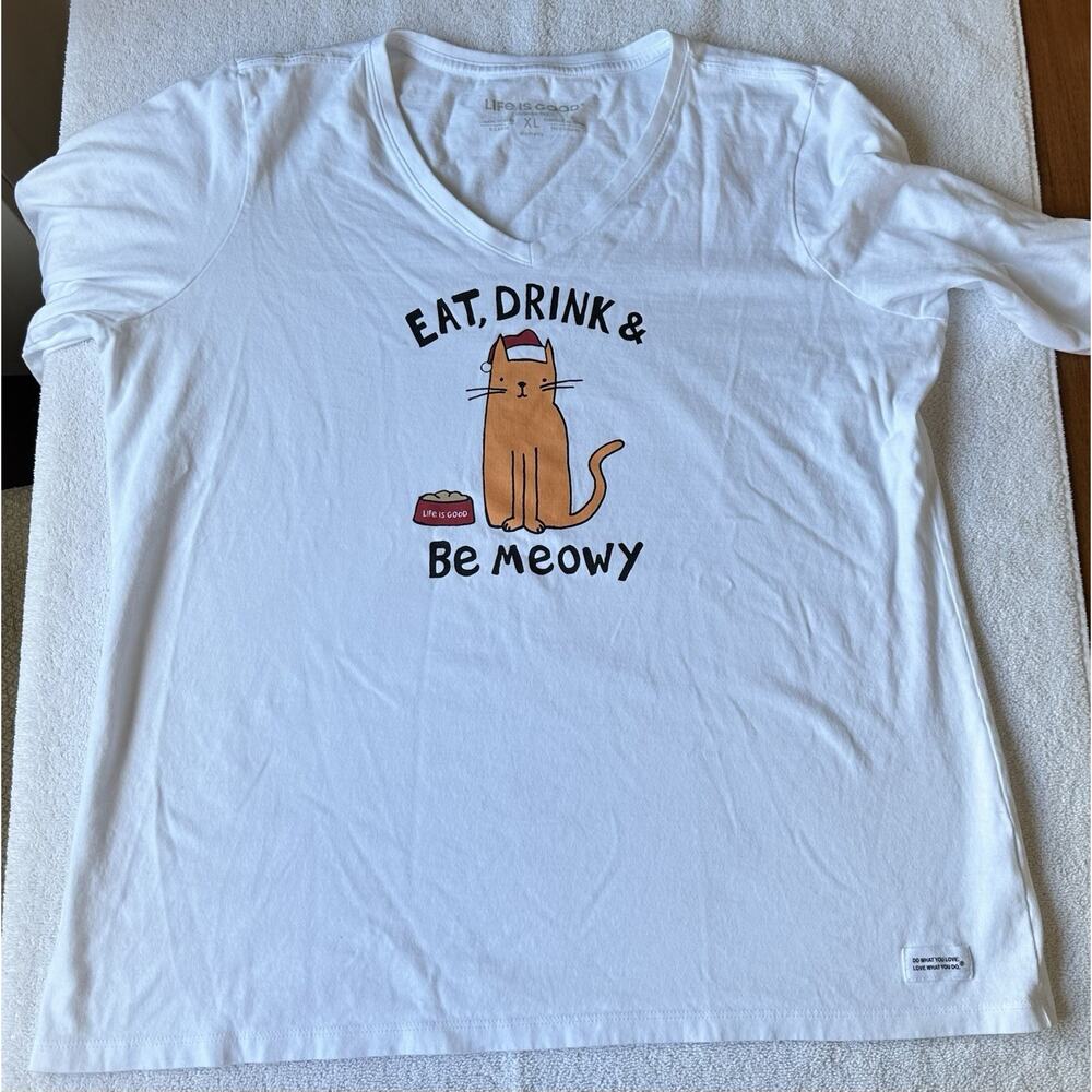 Life is Good White Cat Graphic Long Sleeve T-Shirt Women's Size XL